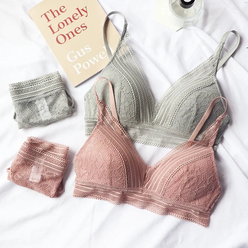 Bravellea French Triangle Cup Set - Wireless Ultra-Thin Lace Bra & Panty