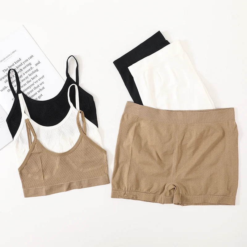 Bravellea Seamless Sports Bra & Shorts Set - V-Neck Unlined Athletic Lingerie.