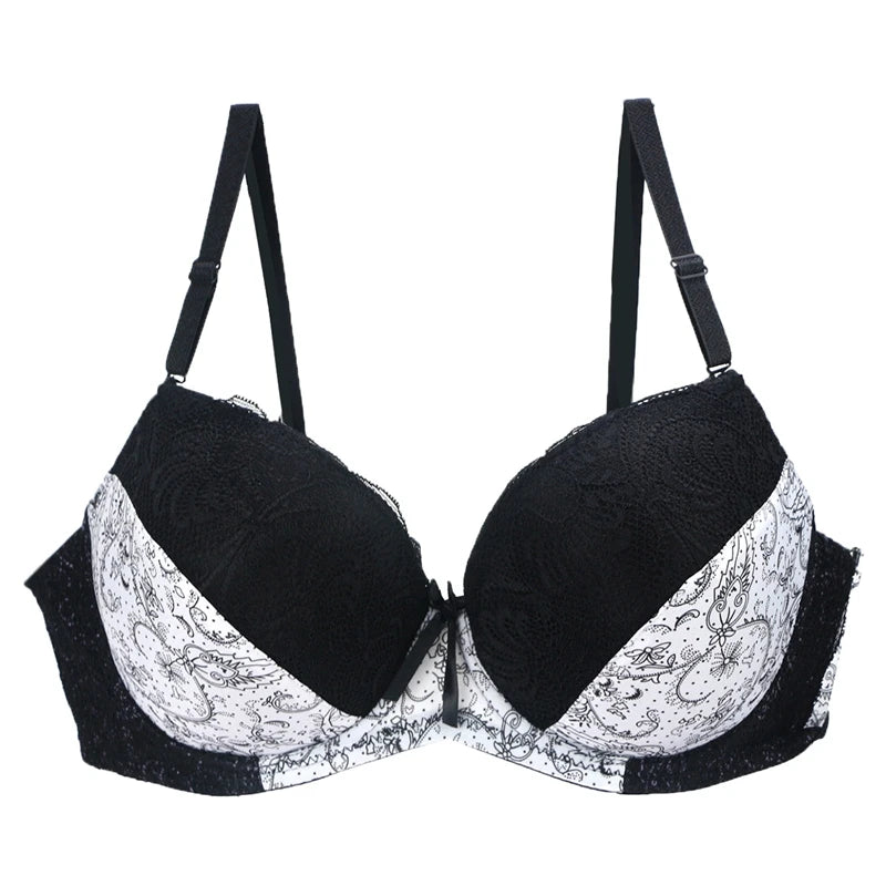 Bravellea Sexy Lace Push-Up Bra - Plus Size Plunge Bow Floral D-EF Cup