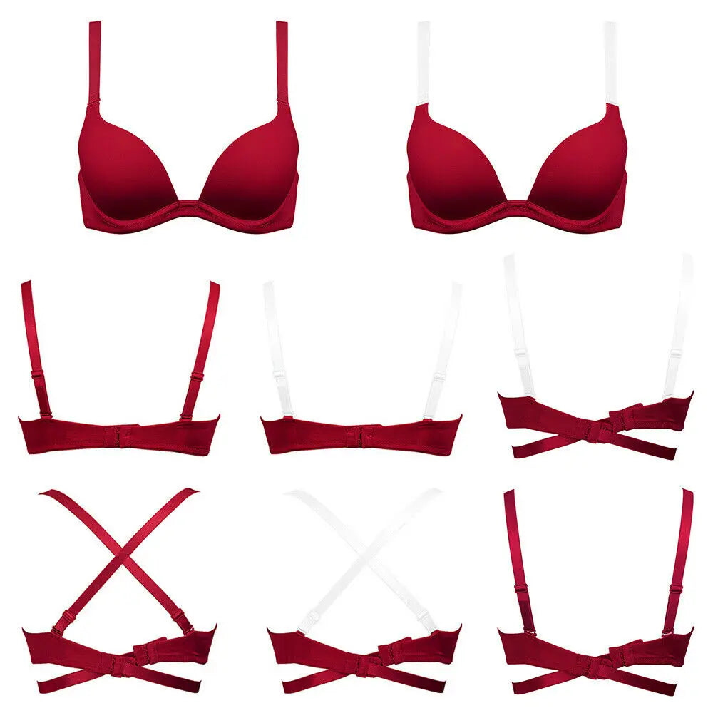 Bravellea Sexy Red Push-Up Bra - Plunge Convertible Transparent Straps A-G Cup