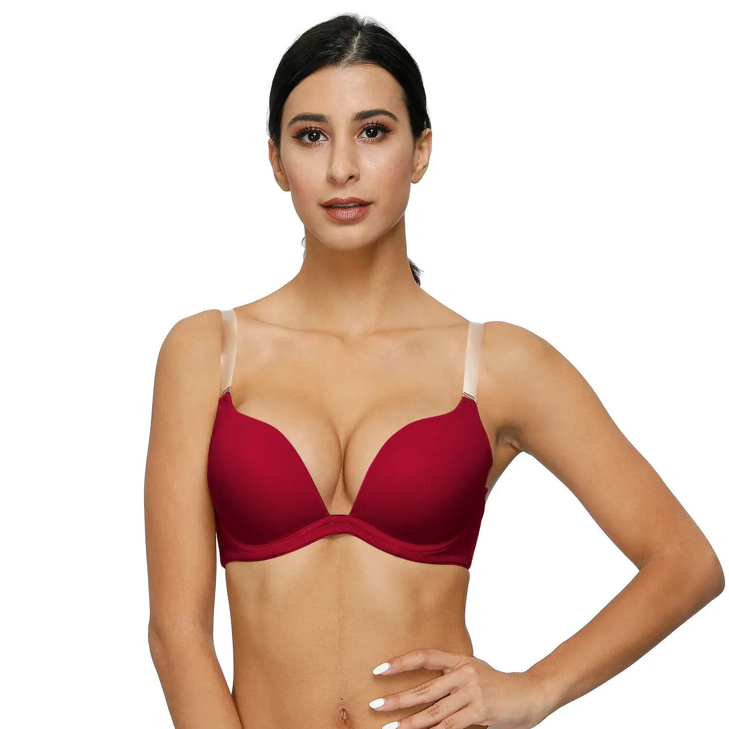 Bravellea Sexy Red Push-Up Bra - Plunge Convertible Transparent Straps A-G Cup