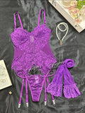 Bravellea Fancy Lace Lingerie 3-Piece Set - Transparent Bra, Panty & Garter.