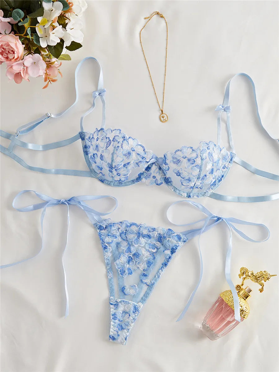 Bravellea Embroidery Bra & Brief Set - Blue Lace Sexy See-Through Lingerie.