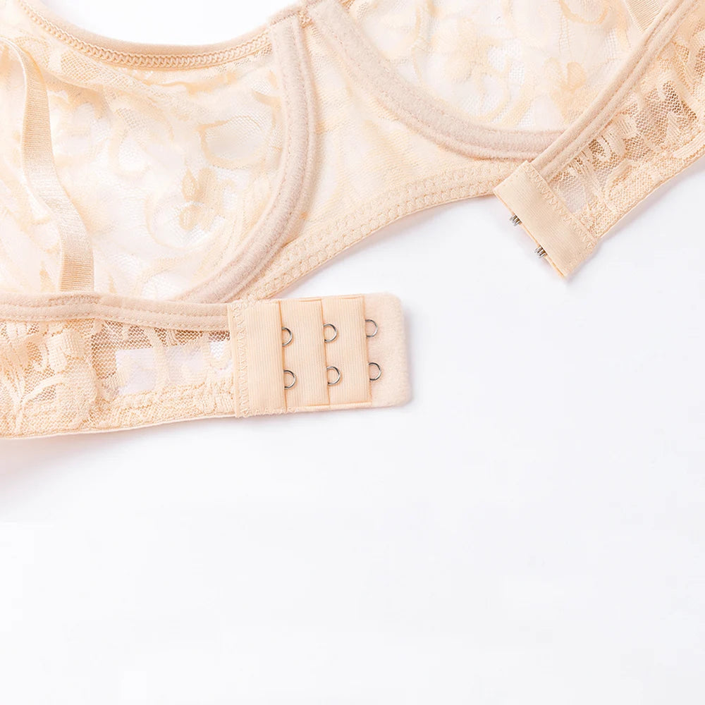Bravellea Plus Size Lace Mesh Bra - See-Through Embroidery Underwire A-DD