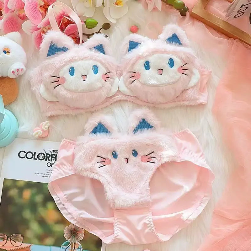 Bravellea Japanese Cute Girl Bra Set - Plush Wireless Autumn Winter Warm