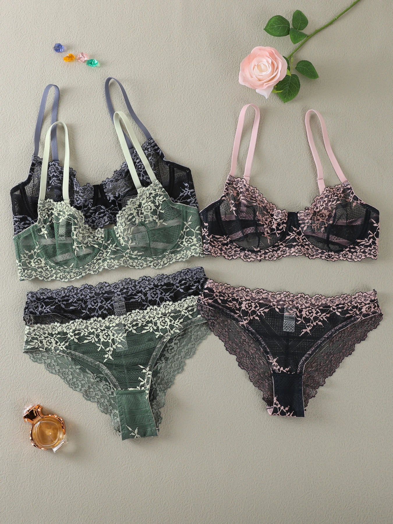 Bravellea See-Through Lace Lingerie Set - 2-Piece Underwire Bra & Panty