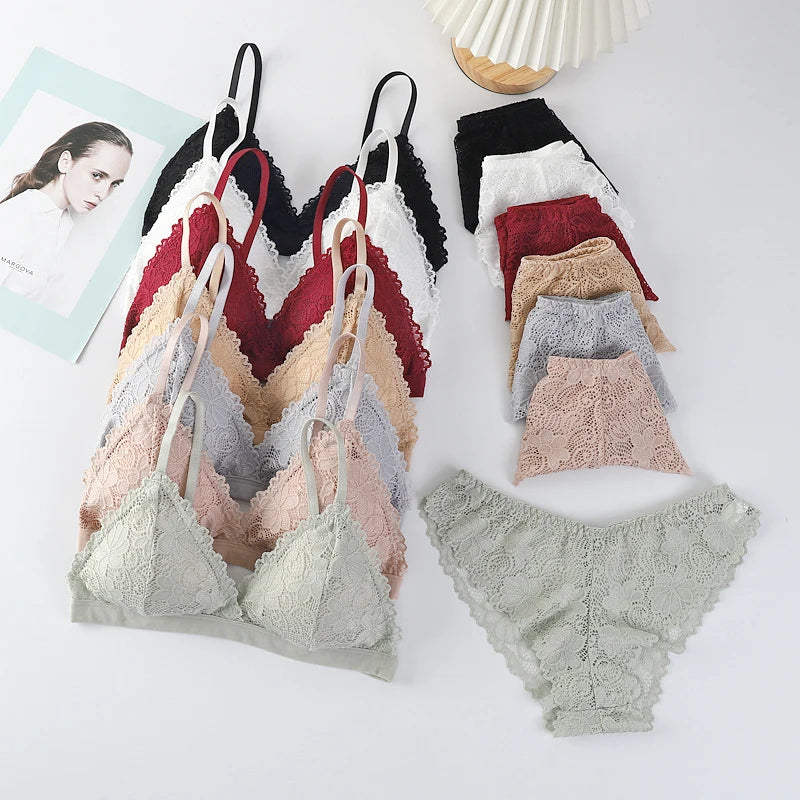 Bravellea Lace Bra & Panty Set - V-Neck Push-Up Sexy Low Waist Lingerie.