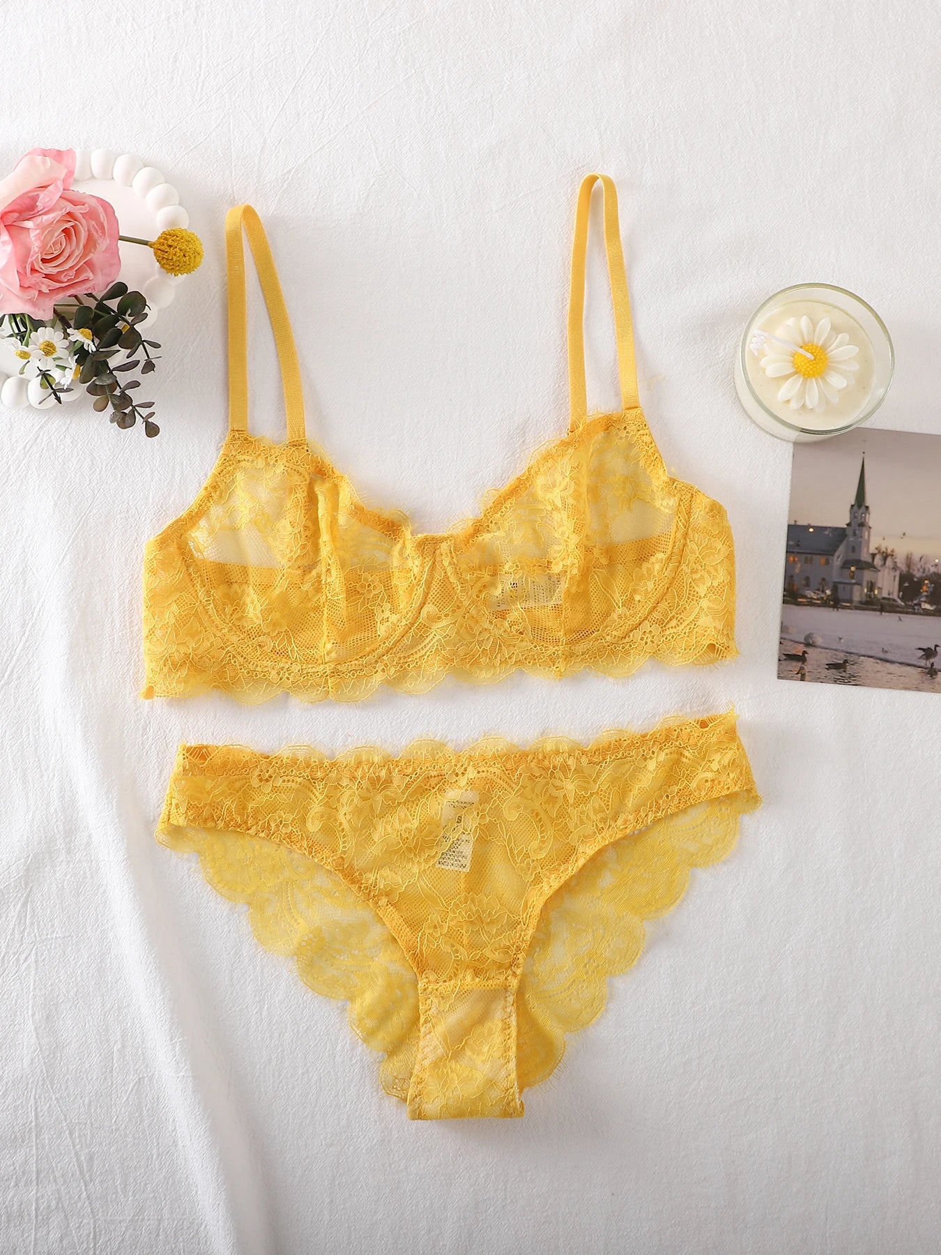 Bravellea See-Through Lace Intimates Set - Underwire Bra & Panty Multi-Color