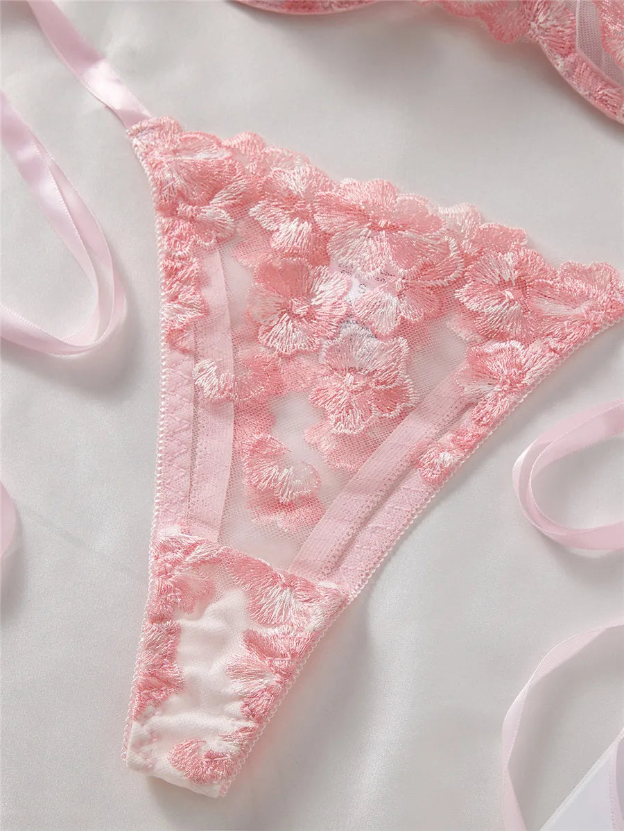 Bravellea Embroidery Bra & Brief Set - Blue Lace Sexy See-Through Lingerie.