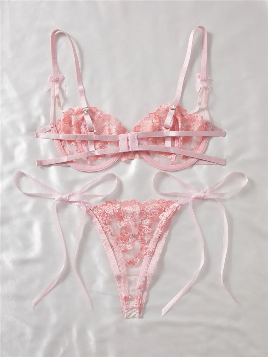 Bravellea Embroidery Bra & Brief Set - Blue Lace Sexy See-Through Lingerie.