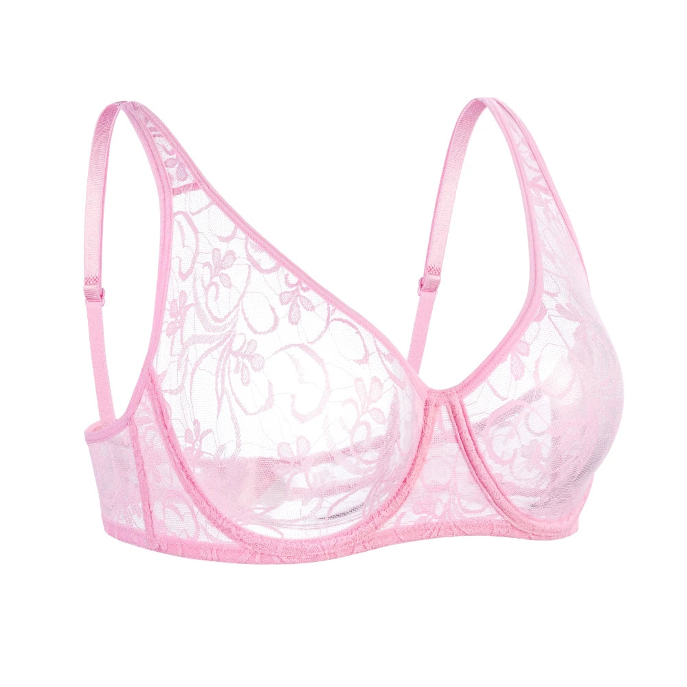 Bravellea Plus Size Lace Mesh Bra - See-Through Embroidery Underwire A-DD