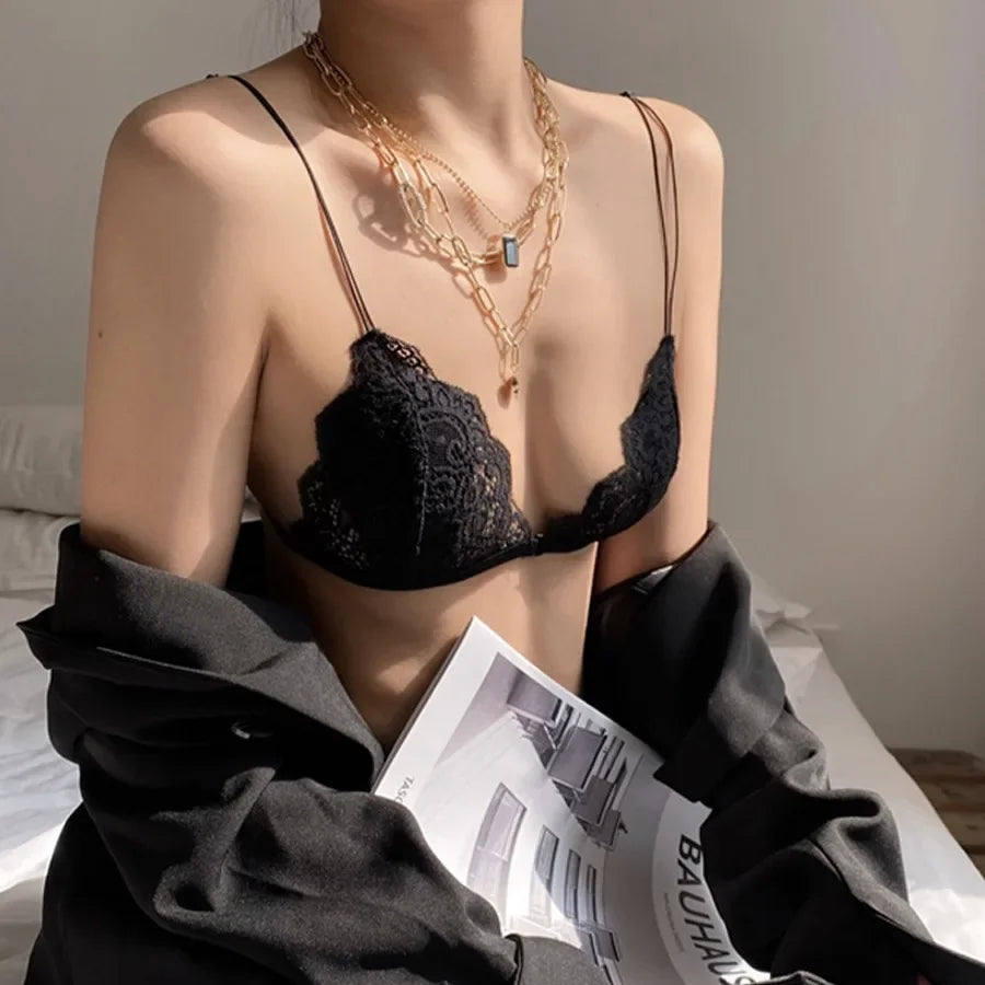 Bravellea Sexy Lace Triangle Bra - Wireless Transparent White/Black Bralette
