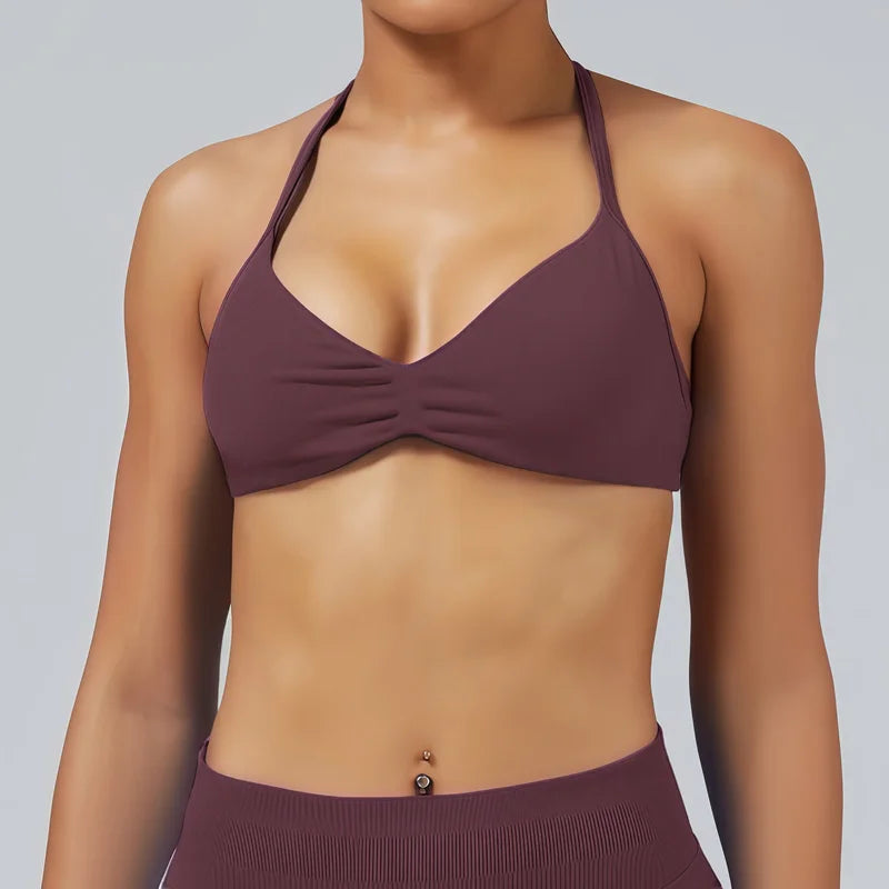 Bravellea Solid Color Impact Strappy Sports Bra - Seamless Yoga Halter Top
