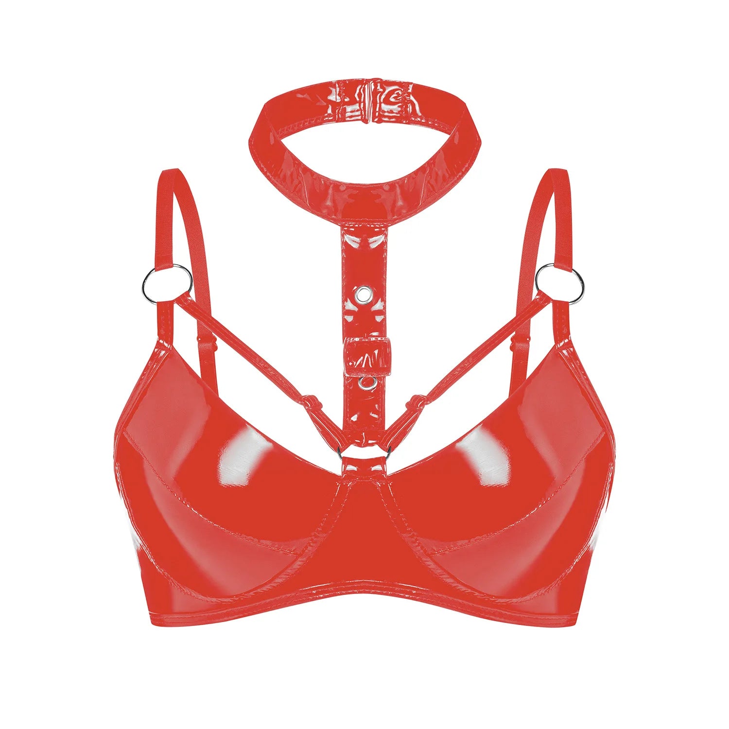 Bravellea Patent Leather Halter Bra - Glossy Strappy Balconette Bustier