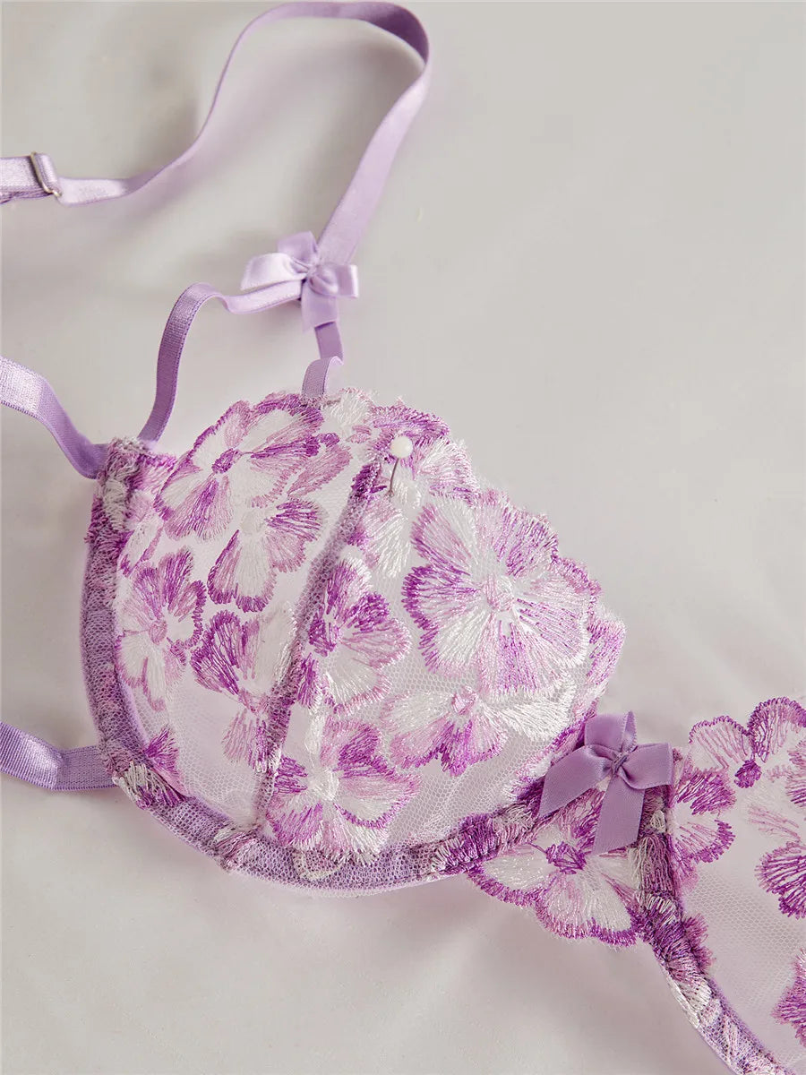 Bravellea Embroidery Bra & Brief Set - Blue Lace Sexy See-Through Lingerie