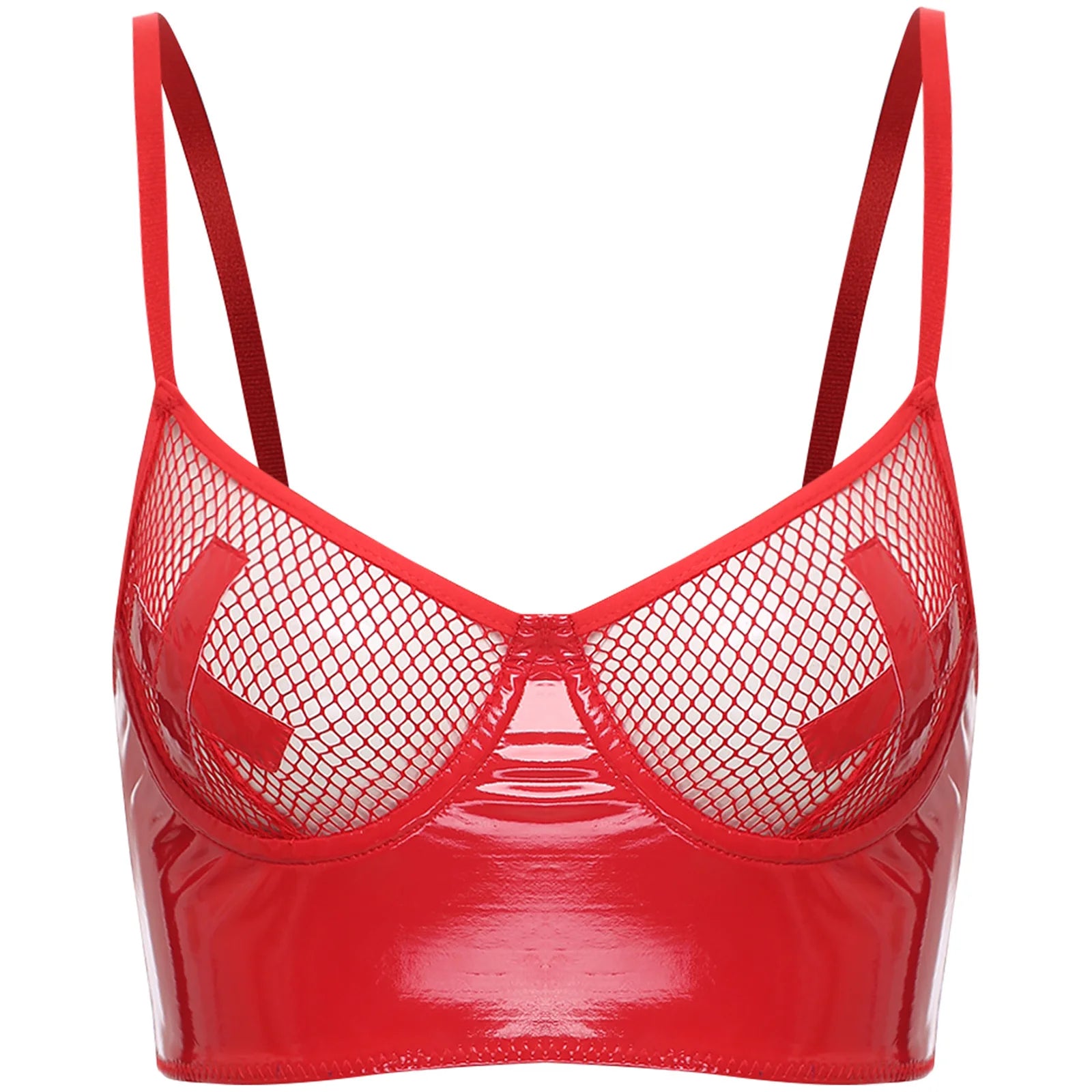 Bravellea Wet Look Leather Bustier - Sexy Push-Up Mesh Balconette Crop Top