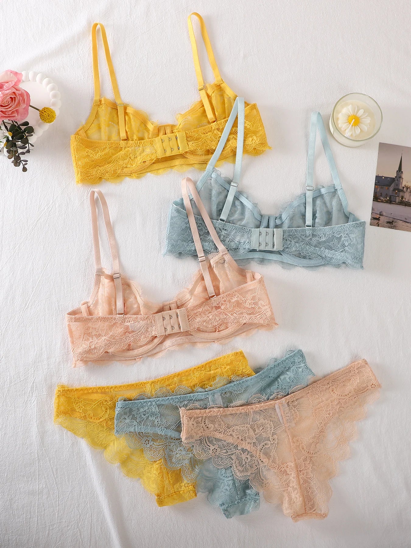 Bravellea See-Through Lace Intimates Set - Underwire Bra & Panty Multi-Color