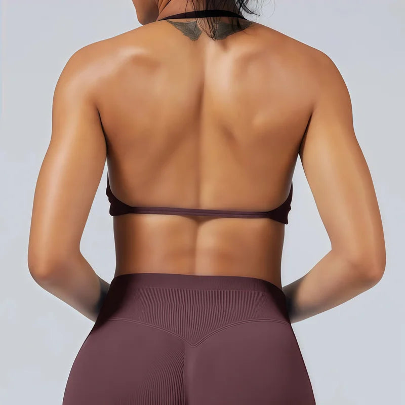 Bravellea Solid Color Impact Strappy Sports Bra - Seamless Yoga Halter Top
