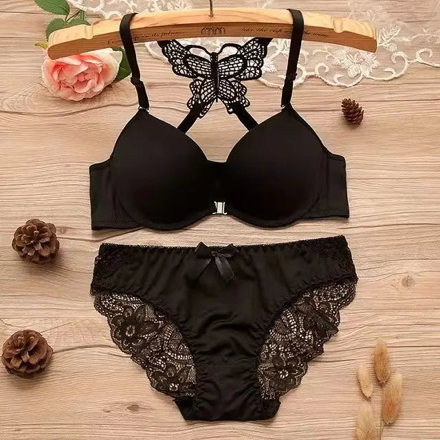 Bravellea Front Buckle Butterfly Bra Set - Detachable Straps See-Through Lingerie.