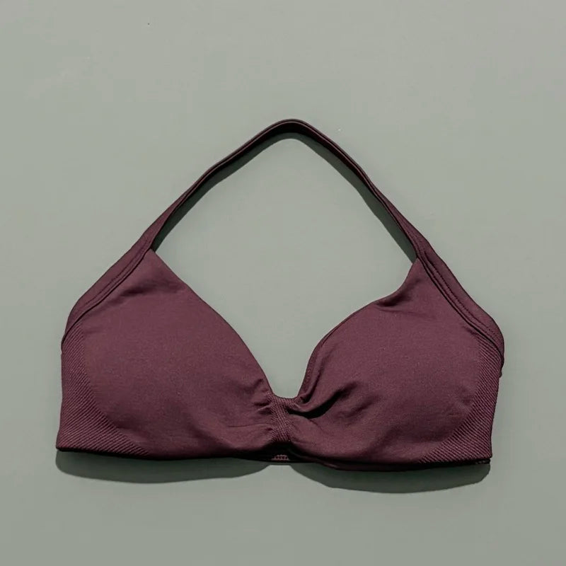 Bravellea Solid Color Impact Strappy Sports Bra - Seamless Yoga Halter Top