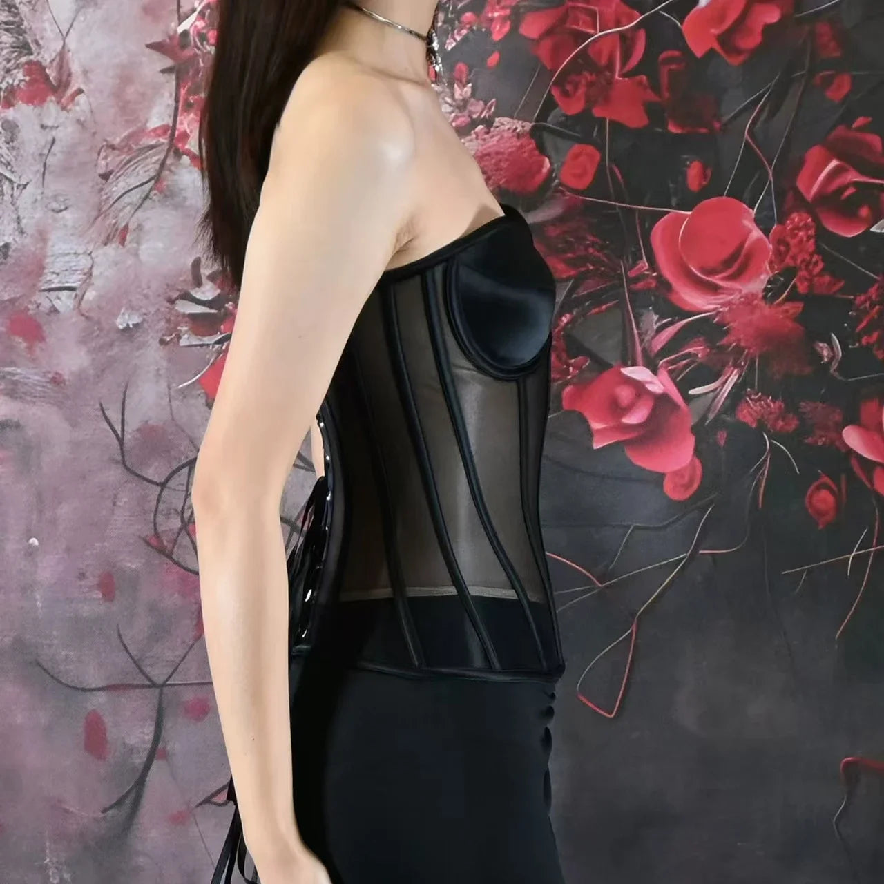 Women Corset Bustier With Bra Transparent Mesh Bodices For Wedding Body Shaper Slimm Waist Lace Up Boned Strapless Tube Tops.