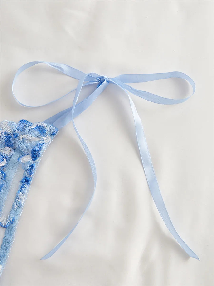 Bravellea Embroidery Bra & Brief Set - Blue Lace Sexy See-Through Lingerie.