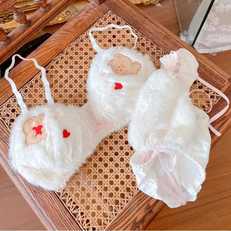 Bravellea Kawaii Bear Bra Set - Japanese Cute Plush Winter Lingerie