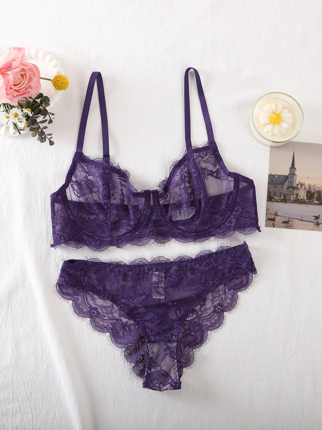 Bravellea See-Through Lace Intimates Set - Underwire Bra & Panty Multi-Color
