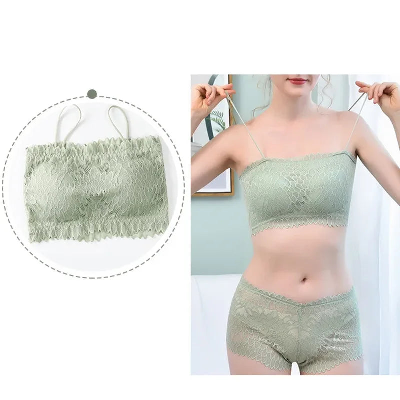 Bravellea Lace Tube Bra & Panty Set - Wireless Summer Padded Bralette.