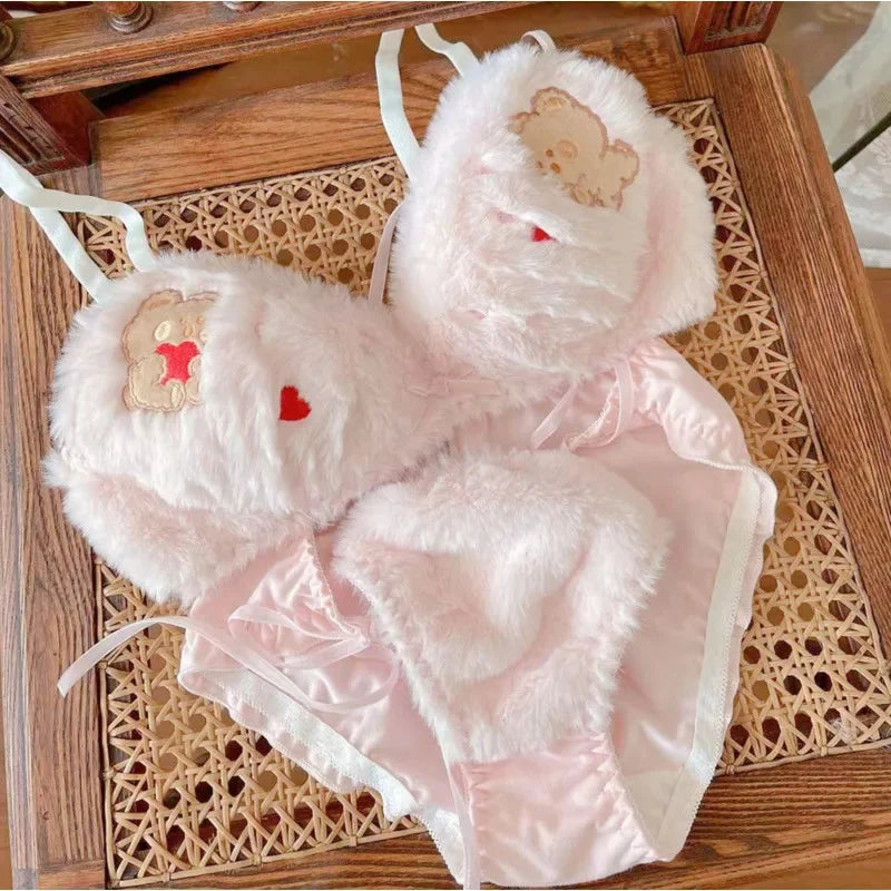 Bravellea Kawaii Bear Bra Set - Japanese Cute Plush Winter Lingerie