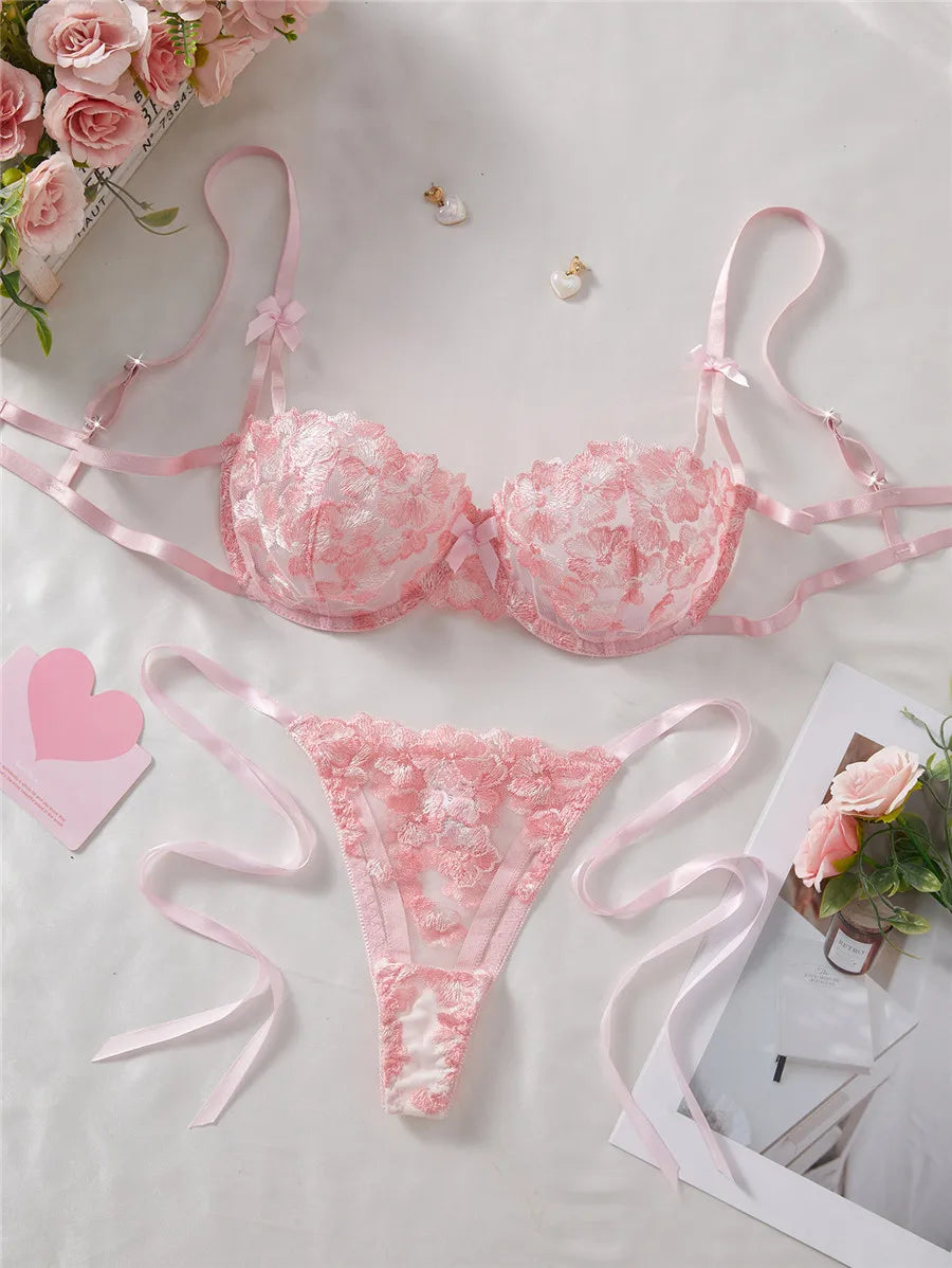 Bravellea Embroidery Bra & Brief Set - Blue Lace Sexy See-Through Lingerie.