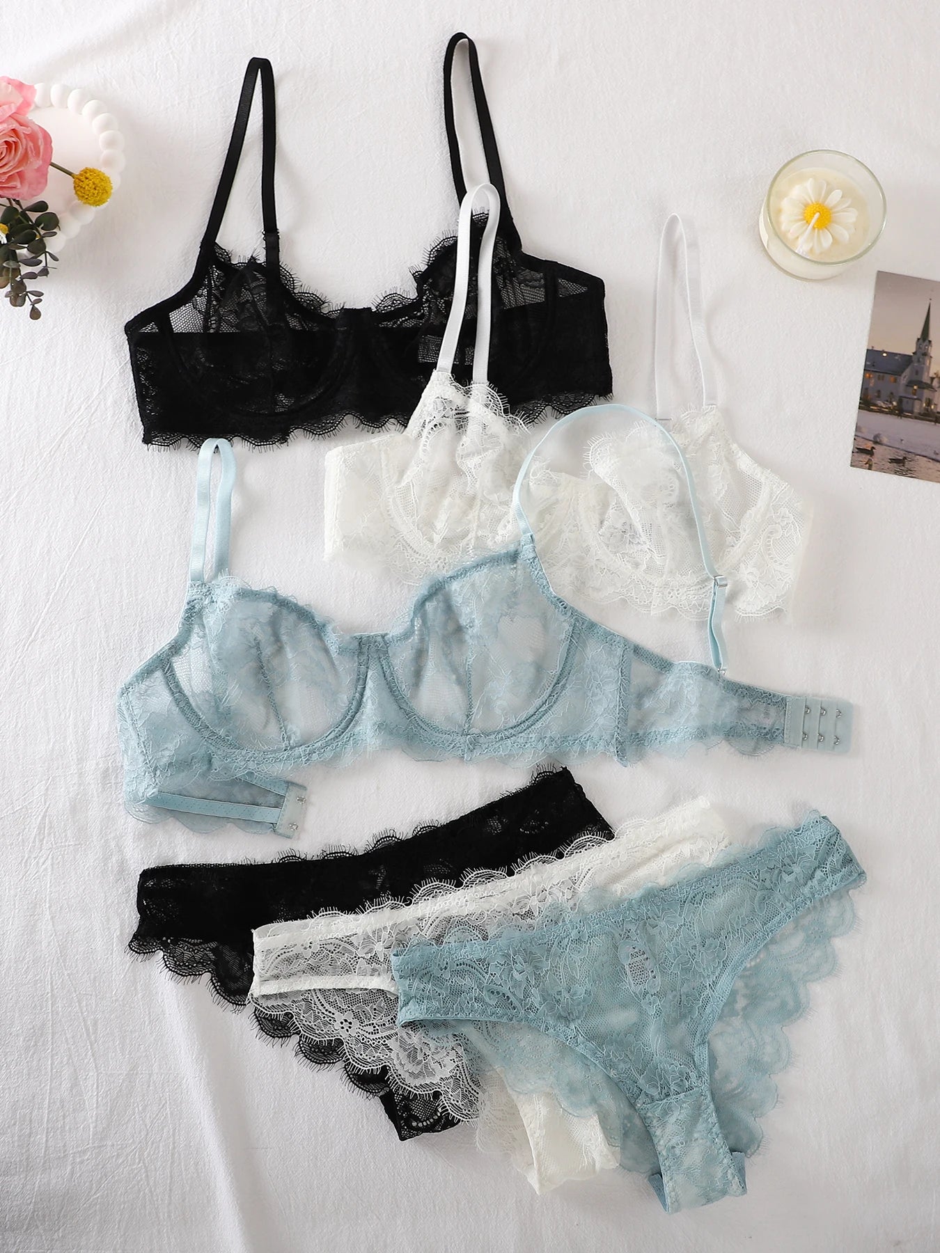 Bravellea See-Through Lace Intimates Set - Underwire Bra & Panty Multi-Color