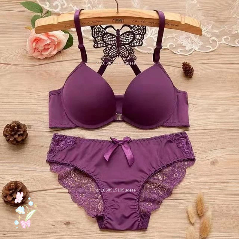 Bravellea Front Buckle Butterfly Bra Set - Detachable Straps See-Through Lingerie.
