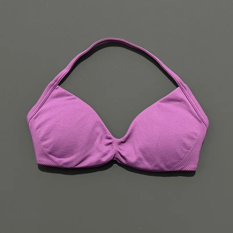 Bravellea Solid Color Impact Strappy Sports Bra - Seamless Yoga Halter Top