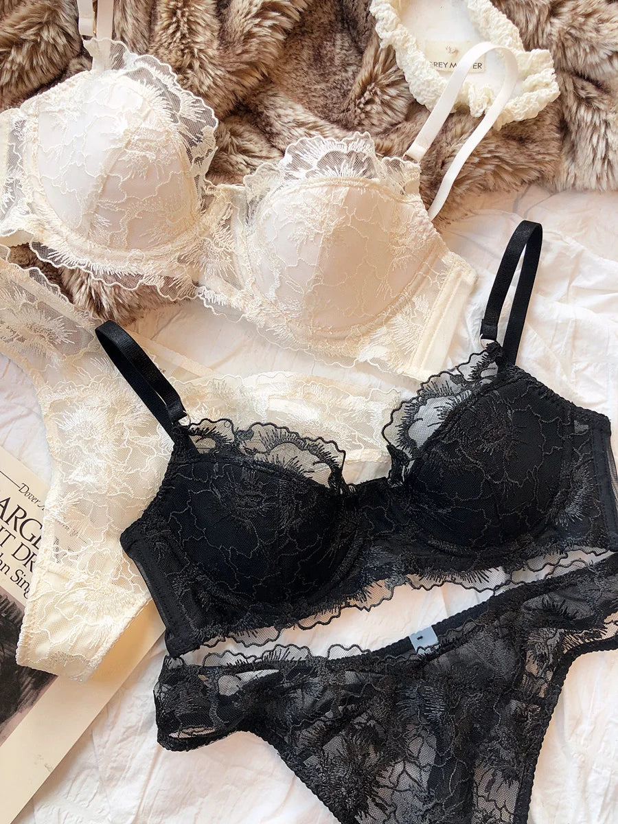 Sexy Lace Flowers Embroidery Bra Set Thin 3/4 Cup Push Up Lingerie For Women Summer Breathable Comfort Brassiere Underwear Sets.