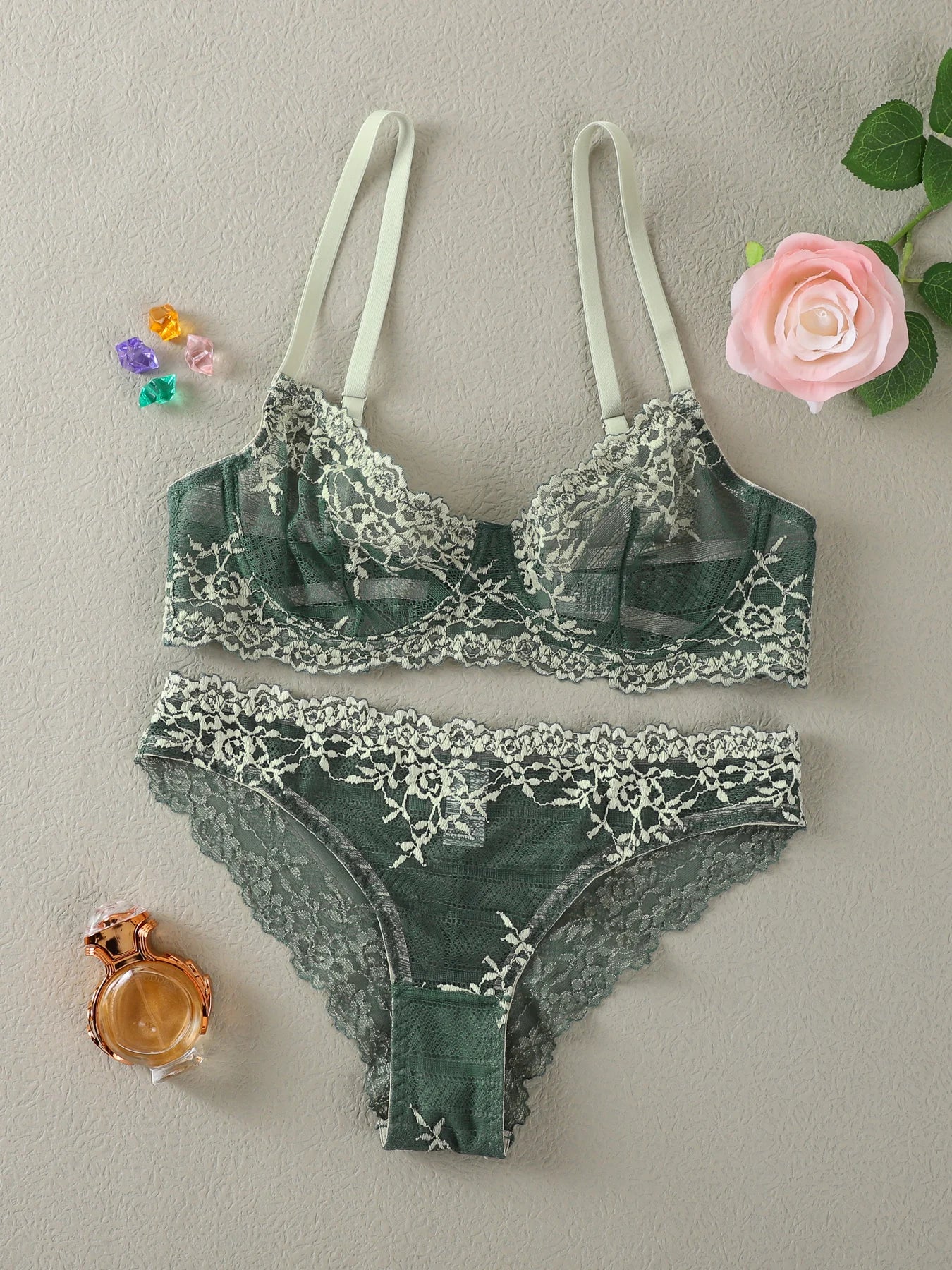 Bravellea See-Through Lace Lingerie Set - 2-Piece Underwire Bra & Panty