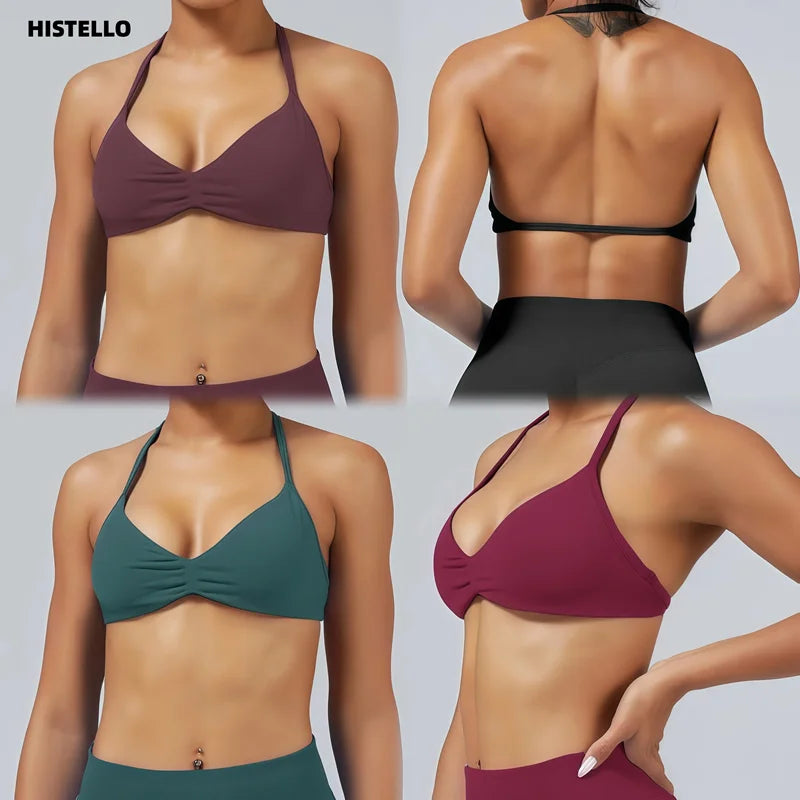 Bravellea Solid Color Impact Strappy Sports Bra - Seamless Yoga Halter Top