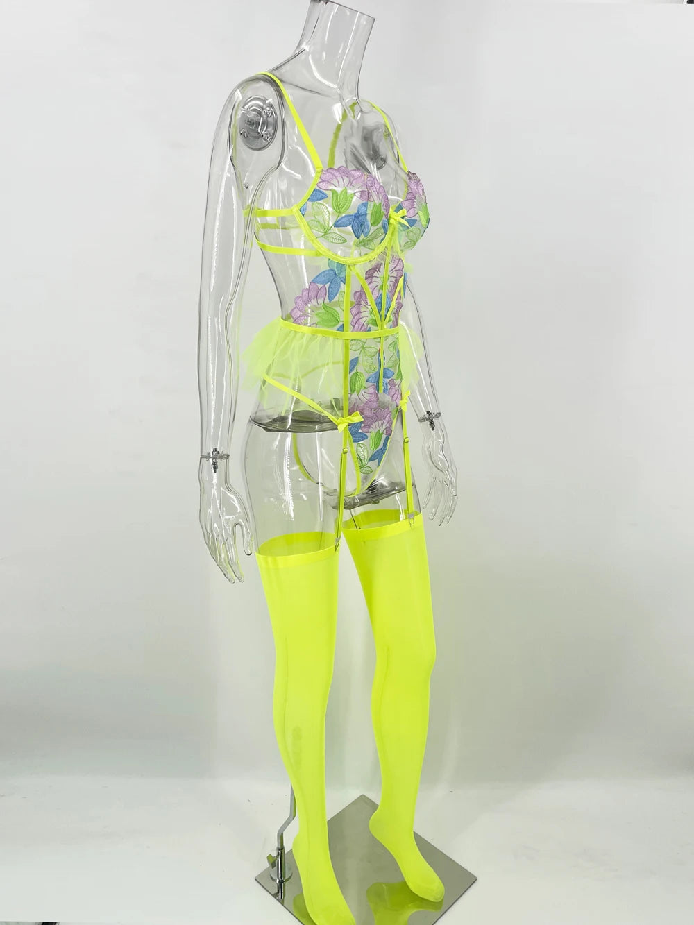 Bridal Nightwear Lingerie Set Fluorescent Green Corset Bra Lace Flower Embroidery Backless Sheer with Stockings.