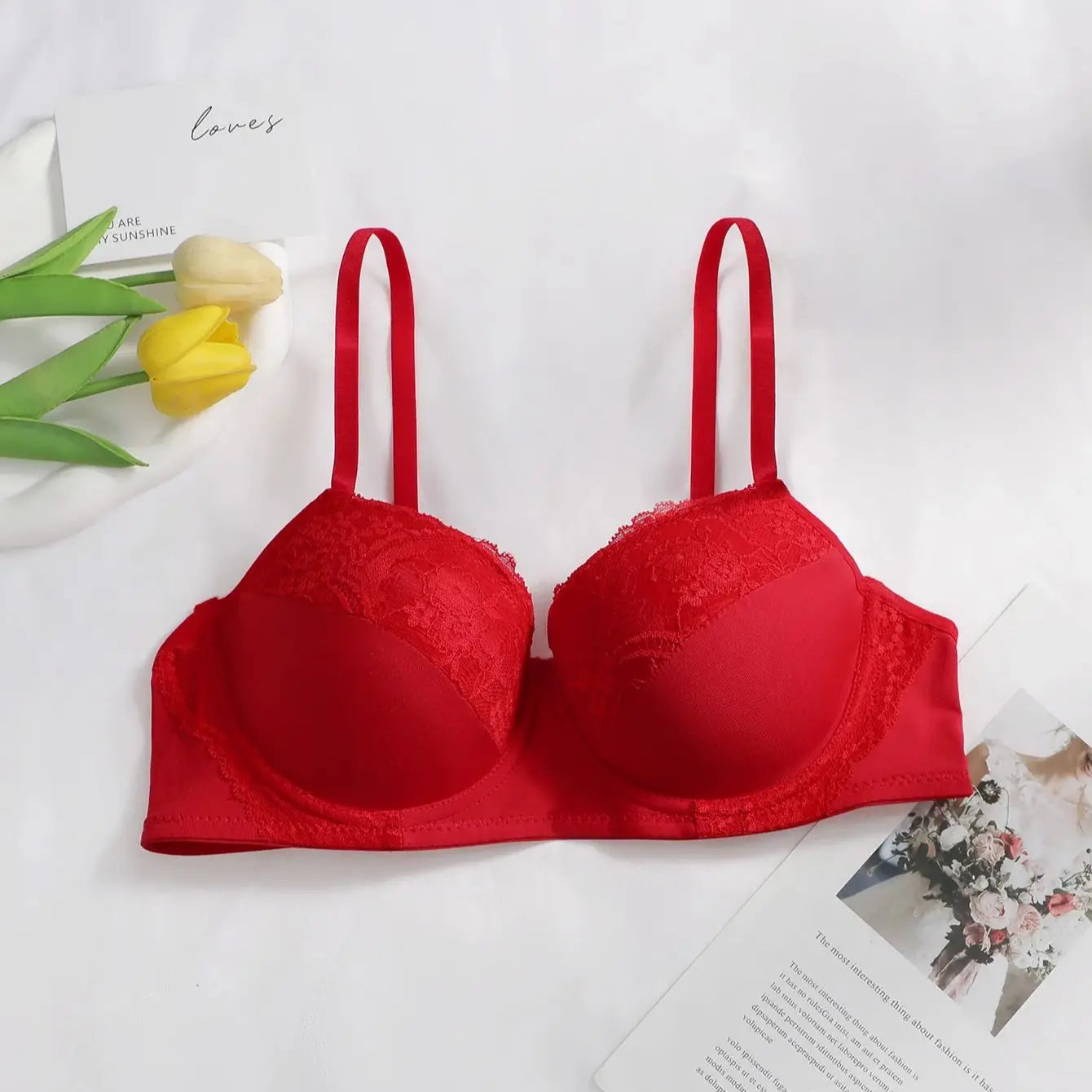 Bravellea Sexy Red Lace Push-Up Bra - Underwired Padded Adjustable Lingerie