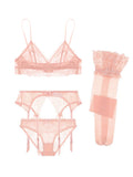 Bravellea Lace Lingerie 4-Piece Set - Unlined Bra, Panty, Garter & Stockings.