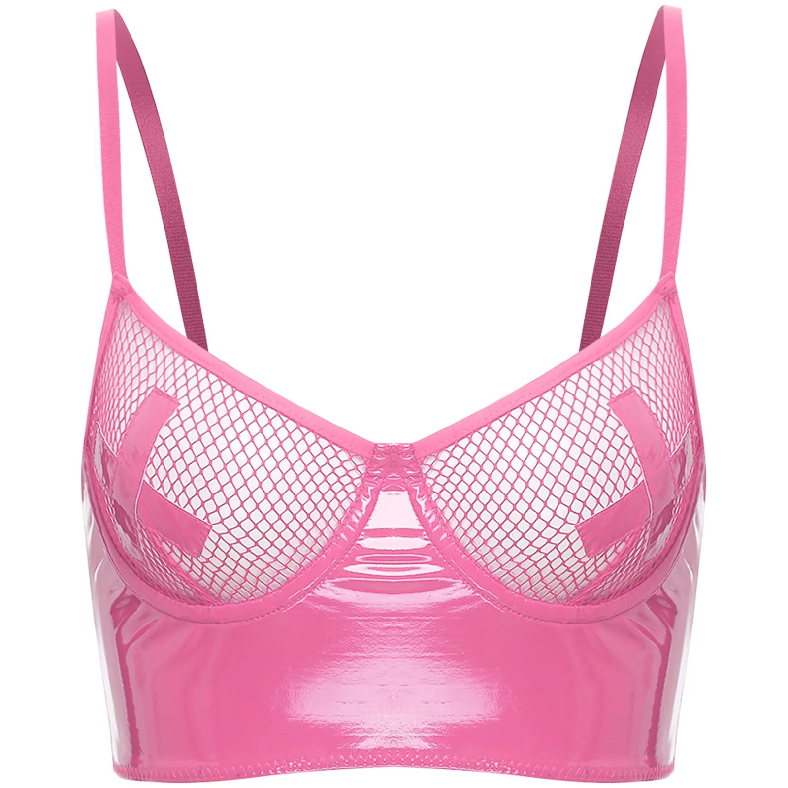 Bravellea Wet Look Leather Bustier - Sexy Push-Up Mesh Balconette Crop Top