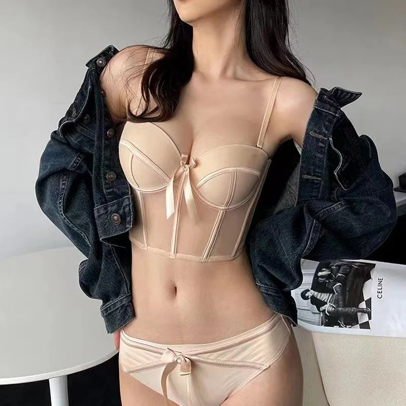Bravellea Lace Mesh Bralette Set - Wireless Half Cup Push-Up with Bow Detail