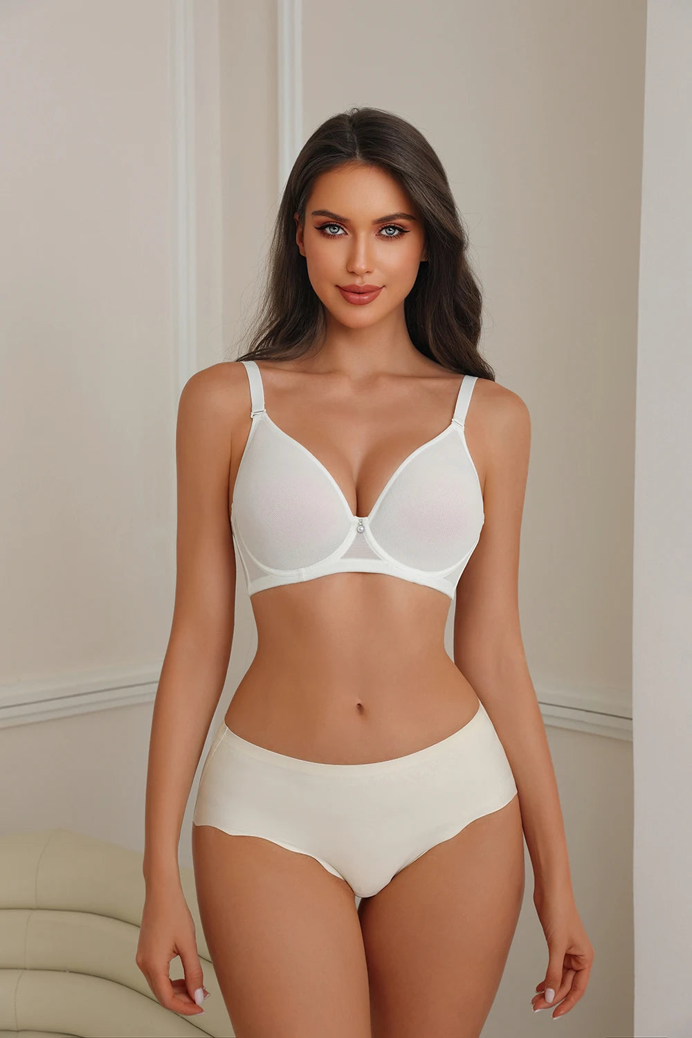 Bravellea Plus Size Full Coverage Bra - Ultra-Thin Mesh Plunge Push-Up C-F Cup