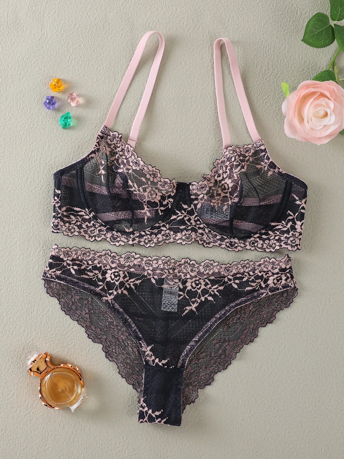 Bravellea See-Through Lace Lingerie Set - 2-Piece Underwire Bra & Panty
