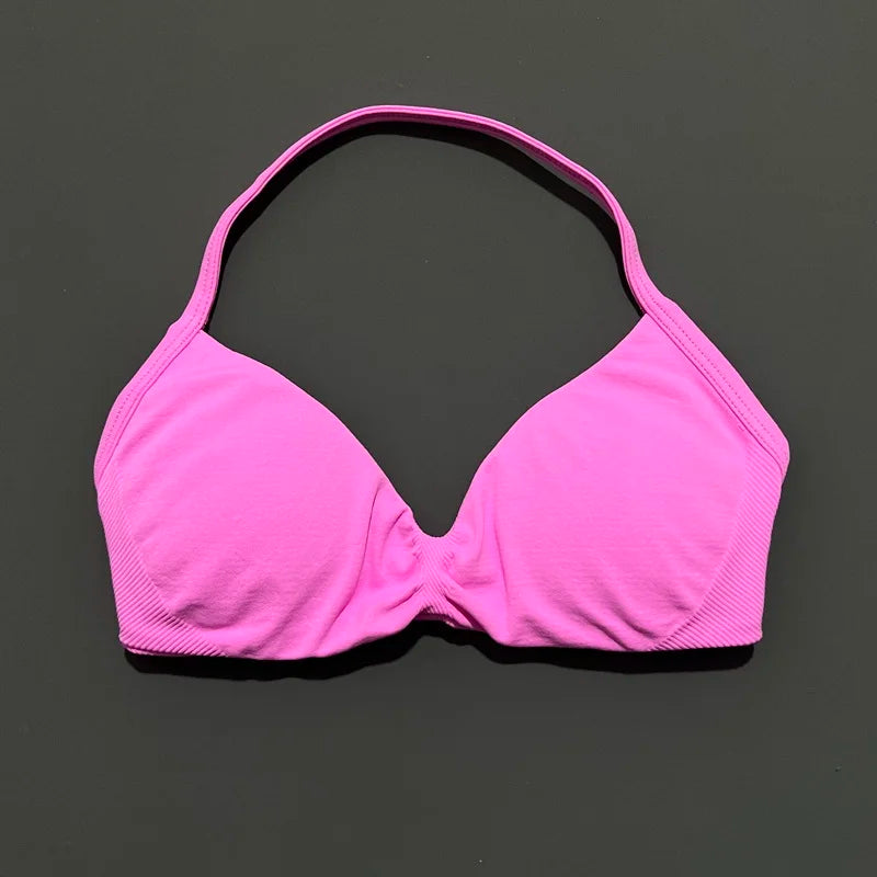 Bravellea Solid Color Impact Strappy Sports Bra - Seamless Yoga Halter Top