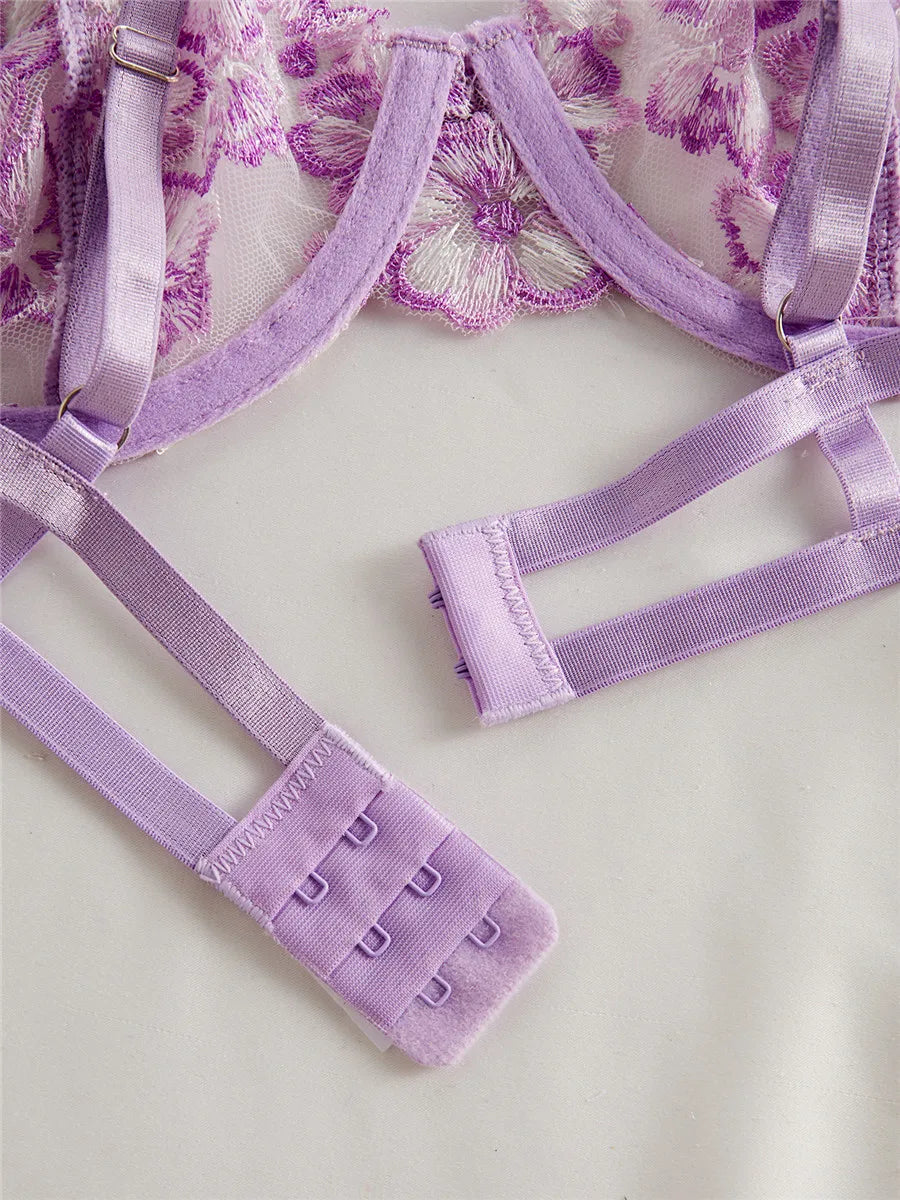 Bravellea Embroidery Bra & Brief Set - Blue Lace Sexy See-Through Lingerie