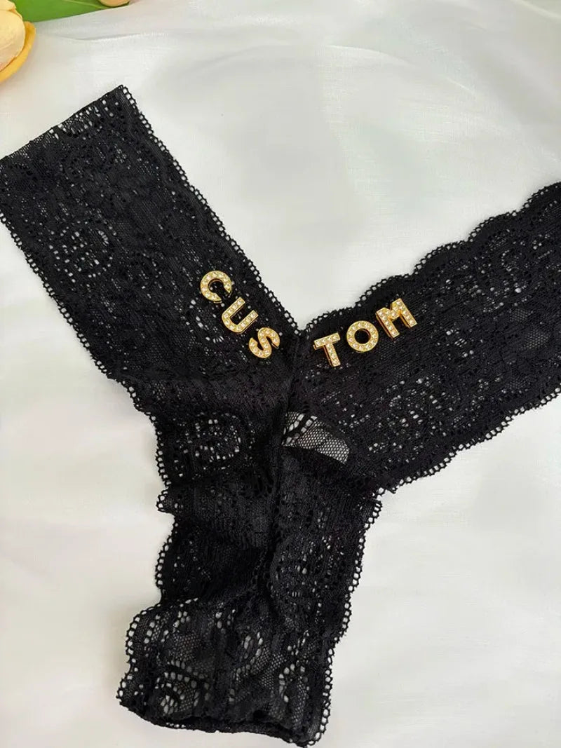Bravellea Personalized Crystal Name Thong - Custom Text Lace G-String Gift.