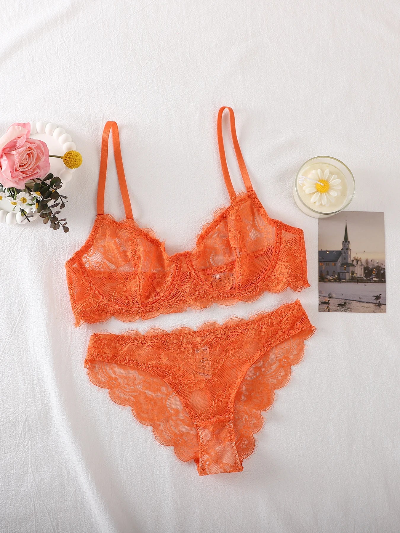 Bravellea See-Through Lace Intimates Set - Underwire Bra & Panty Multi-Color