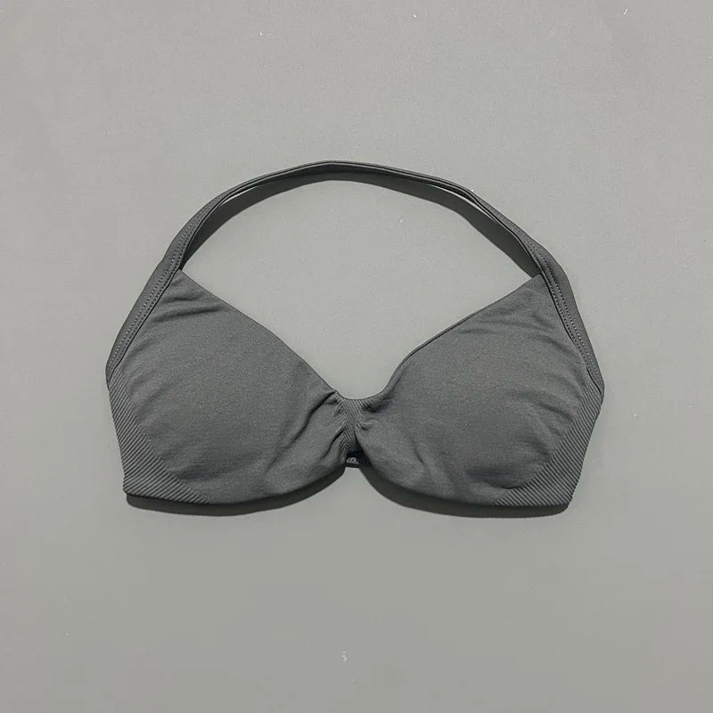 Bravellea Solid Color Impact Strappy Sports Bra - Seamless Yoga Halter Top