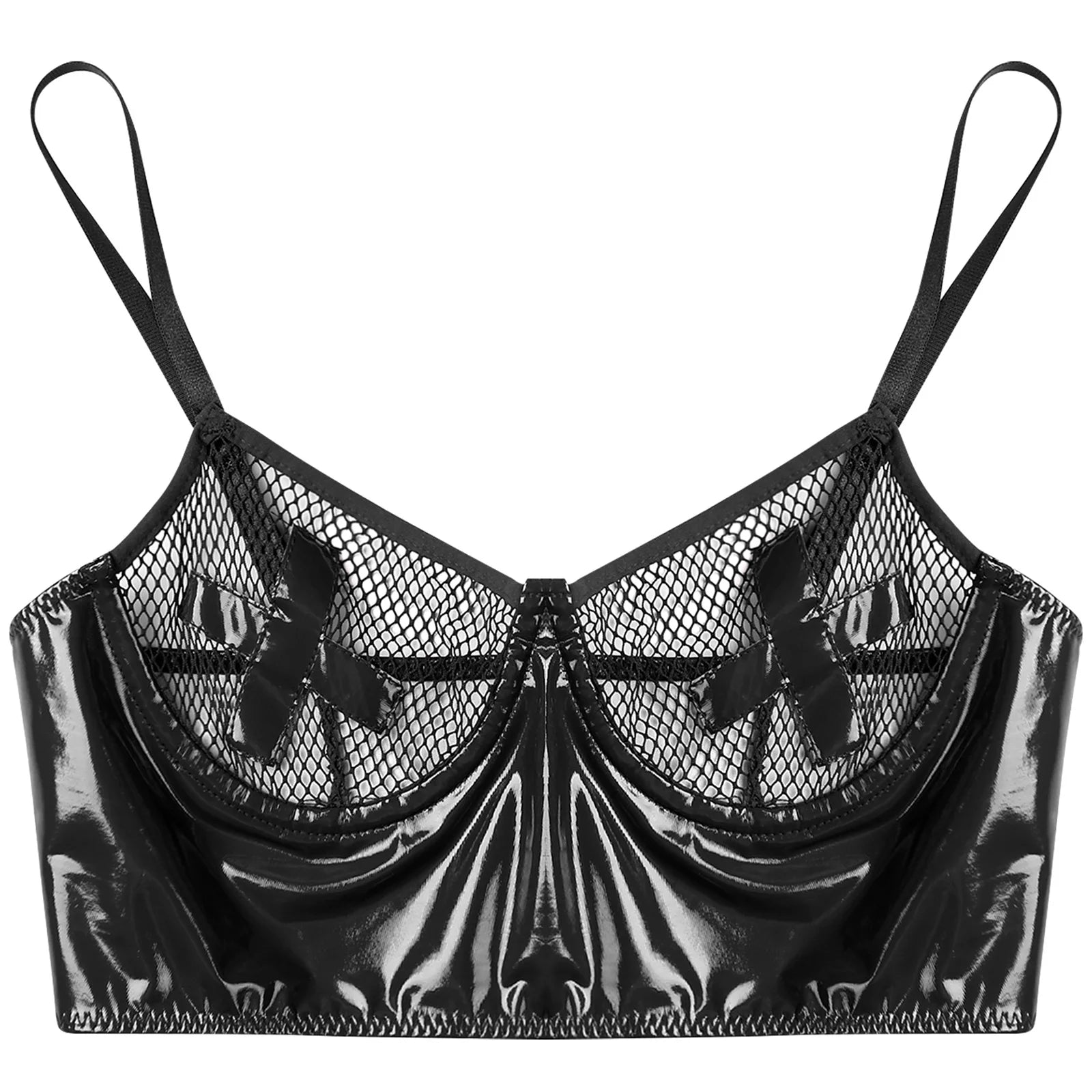 Bravellea Wet Look Leather Bustier - Sexy Push-Up Mesh Balconette Crop Top